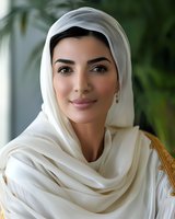 Middle Eastern woman wearing white hijab and traditional dress smiles warmly at camera against green foliage background, representing diversity and culture.