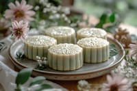 Traditional Chinese mooncakes with intricate floral patterns on ceramic plate surrounded by delicate pink flowers and greenery for Mid-Autumn Festival celebration.