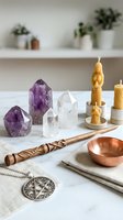 Amethyst and clear quartz crystal points with beeswax candles, wooden wand, copper bowl and pentacle pendant arranged on marble surface for spiritual wellness and meditation practices.