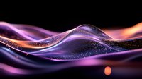 Glowing purple and orange waves with sparkling particles flow across dark background creating dynamic abstract composition for modern design projects.