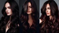 Young woman with long dark wavy hair shown in three different poses highlighting rich brunette hair color with burgundy undertones against dark background for beauty and salon use.