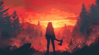 Silhouette of a woman with long hair holding an axe against dramatic red sunset in misty forest landscape, creating mysterious atmospheric horror scene perfect for book cover design.