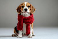 Adorable beagle puppy wearing cozy red knitted scarf sitting on light background, looking at camera with expressive eyes. Perfect for winter holiday pet themes.