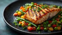 Grilled salmon fillet with colorful vegetable garnish of peas, corn, and tomatoes served on dark plate, healthy protein-rich meal.