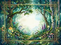 Enchanted forest watercolor scene with glowing mushrooms, fairy lights, and lush greenery framed by ornate golden border with copy space.