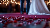 Red rose petals scattered on burgundy carpet with blurred newlyweds and romantic bokeh lights in background, creating intimate wedding ceremony atmosphere.