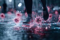 Runner's feet in black sneakers stepping through glowing pink virus particles on wet asphalt surface with bokeh lights, artistic conceptual health visualization.