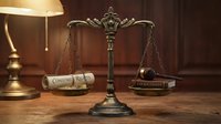 Ornate bronze scales of justice with constitutional documents on wooden desk in law office with warm lighting for legal and judicial concepts.