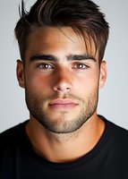 Close-up portrait of young Hispanic male model with stubble beard wearing black t-shirt against light background, showing confident expression.