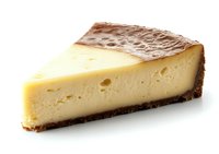 Slice of classic New York style cheesecake with golden creamy filling and graham cracker crust on white background, isolated for menu design and food packaging.