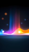 Vibrant waves of light in blue, pink, and orange create dynamic motion against dark background with glowing bokeh effects, suitable for modern tech designs.