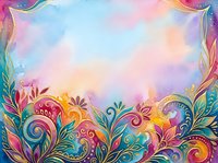 Colorful watercolor background with ornamental floral border featuring swirling decorative elements in pink, blue, yellow and teal. Suitable for invitations, greeting cards and design projects.