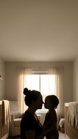 Mother and baby sharing tender moment in sunlit nursery room with soft natural lighting and peaceful atmosphere for family bonding concepts.