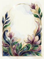 Elegant floral frame with watercolor botanical elements in jewel tones, featuring stylized flowers and leaves in navy, purple, gold and green. Isolated on white background, ready for invitations, greeting cards, posters and design projects.