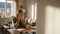 Young blonde woman experiencing stress and fatigue while working from home office with paperwork and tea cup on wooden table in bright living room.