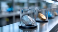 Metallic mineral specimen displayed in glass dome on laboratory table, raw ore sample for geological research and mineral collection presentation.
