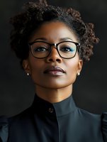 Young African American businesswoman with natural curly hair and glasses wearing black blouse, professional headshot portrait against dark background.