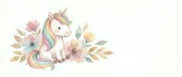 Cute unicorn with rainbow mane surrounded by watercolor flowers and leaves on transparent background for nursery decor and children's designs.