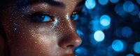Close up portrait of young African American woman with glitter makeup and sparkles on face against blue bokeh lights background creating magical atmosphere.