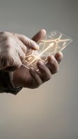 Male hand holding transparent smartphone with glowing golden digital interface and navigation map display against neutral background. Use for technology, mobile apps, GPS navigation, digital innovation, and futuristic communication concepts.