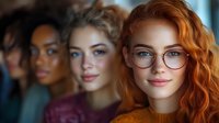 Young diverse women in line, featuring redhead with glasses in focus, blonde and African American women blurred in background. Natural soft lighting creates depth.