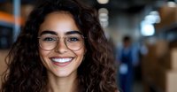Young Hispanic woman with curly dark hair and glasses smiling warmly at camera in office environment. Natural lighting highlights genuine expression and professional appearance.
