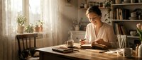 Young woman writing in journal at wooden desk by window in cozy home office with warm natural light and bookshelves creating peaceful morning atmosphere.