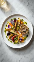 Gourmet vegetarian dish with colorful vegetables, edible flowers and truffle on white plate. Fine dining restaurant presentation on marble surface.