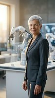 Senior woman with short white hair wearing dark blazer standing in modern laboratory with robotic arms and equipment in background, representing leadership in technology and innovation.