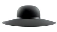 Wide-brimmed black hat with round crown and flat brim isolated on white background, classic elegant accessory for fashion and style concepts.