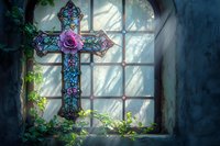 Ornate cross with pink rose and turquoise mosaic pattern in window frame, sunlight streaming through, ivy climbing around edges creates spiritual atmosphere.