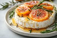 Baked camembert cheese topped with caramelized grapefruit slices and fresh rosemary sprigs served on ceramic plate, close up view with selective focus.