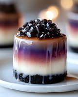 Mini layered dessert with chocolate cookie base, cream filling, caramel drizzle and crushed cookie topping on white plate, macro food photography with soft bokeh.