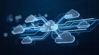 Cloud computing network with glowing circuit board connections and data flow visualization on dark blue technology background for digital transformation.