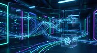 Futuristic data center with glowing neon circuits and digital pathways in cyberpunk style server room for technology and networking concepts.