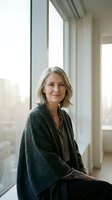 Confident mature Caucasian businesswoman with blonde bob haircut sitting by office window in cozy cardigan, natural lighting for corporate lifestyle content.