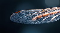 Delicate dragonfly wing with morning dew drops in macro photography. Natural light creates ethereal bokeh effect against dark background, showcasing intricate wing structure.