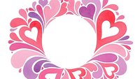Decorative circular frame with pink and purple hearts and swirls on white background for romantic designs, Valentine's Day cards, and love-themed projects.