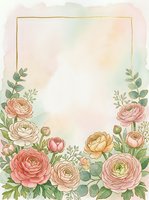 Watercolor floral frame with ranunculus flowers and eucalyptus leaves on pastel background for wedding invitations and greeting cards.