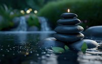 Balanced stack of black spa stones with burning candle on top in tranquil water setting against blurred waterfall background, creating zen atmosphere.
