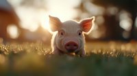Young pink piglet lying in green grass during golden sunset with bokeh background, close up portrait of domestic farm animal in natural environment.