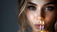 Young blonde woman with blue eyes making birthday wish blowing out candles on cake celebrating special occasion with warm candlelight glow on face.