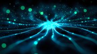 Glowing blue light rays and particles burst from central point against dark background, creating dynamic motion effect with bokeh elements and energy streams.