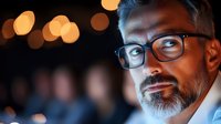 Middle-aged Caucasian businessman with glasses and beard working late at night in modern office with warm bokeh lights creating professional atmosphere.