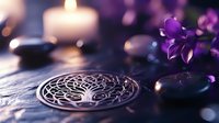 Spiritual wellness concept with tree of life symbol, smooth spa stones, purple flowers and glowing candle creating serene atmosphere.