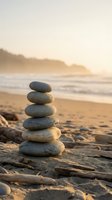 Balanced stone cairn stack on driftwood at serene ocean beach during golden hour sunset creating peaceful zen meditation atmosphere for wellness concepts.