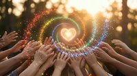 Diverse group of hands united in circle around glowing heart with colorful energy spiral, symbolizing community, healing, and collective compassion for charity and wellness campaigns.