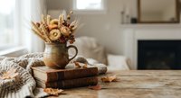Cozy autumn home decor with dried flowers in ceramic pitcher on wooden table with books and knit blanket creating warm seasonal interior atmosphere.