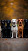 Group of Labrador Retrievers in different colors sitting in row outdoors during autumn. Black, white and brown dogs showing diversity and friendship in nature setting.