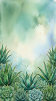 Watercolor succulent garden frame with aloe vera and cacti plants on soft blue green background for botanical wedding invitations and natural design projects.